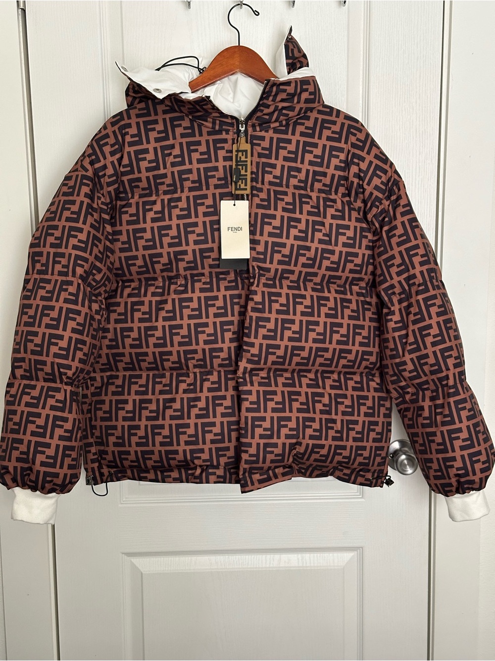 FAUX Fendi Brown & Black FF Logo Puffer Coat